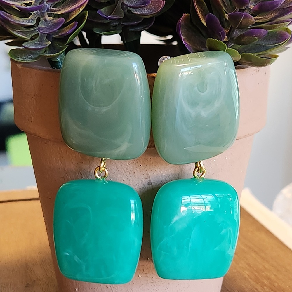 Sage and Seafoam Green Marbled Resin Drop Statement Earrings Modernist Gold Tone - Picture 1 of 5